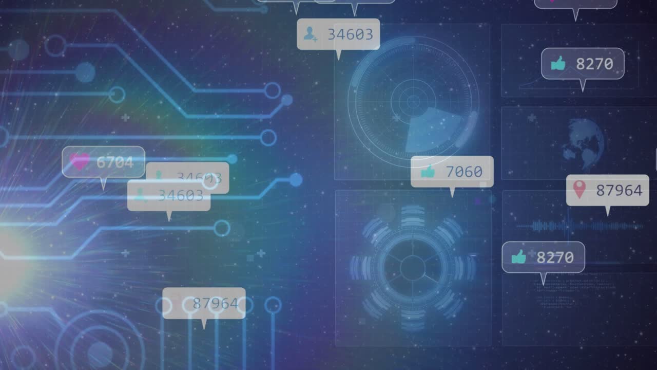 Vertical video: Flowing badges along neon traces from left flare in network UI, showing counts