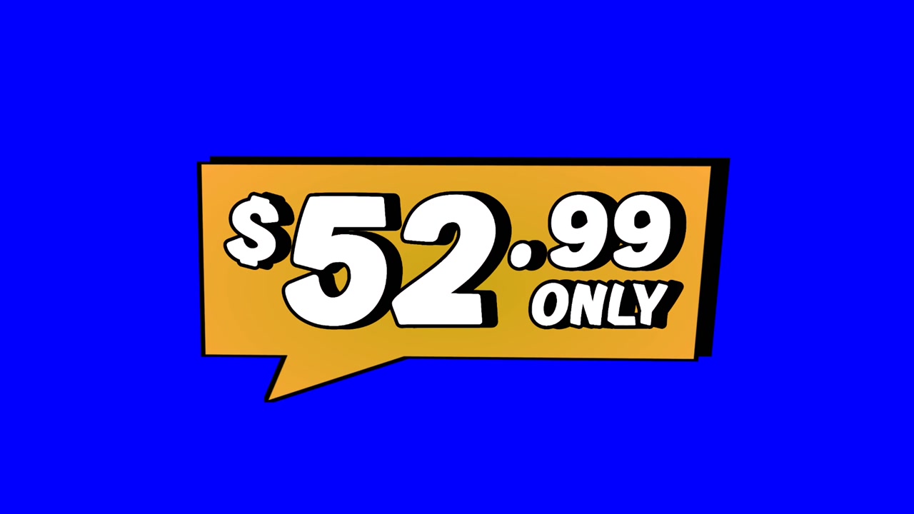 Animation $52.99 only price tag in orange speech bubble motion graphics on Blue screen background. Perfect for ads, e-commerce, retail, discounts, and promo videos business concept video element
