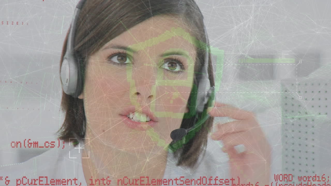 animación de conexiones con iconos sobre mujer de negocios usando auriculares de teléfono