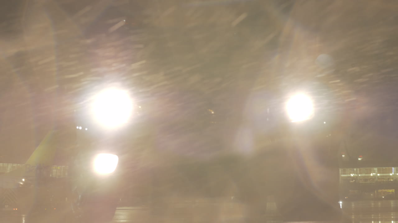 폭풍을 통해 박이는 자동차 헤드라이트