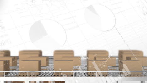 animation of infographic interface over cardboard boxes on moving conveyor belts