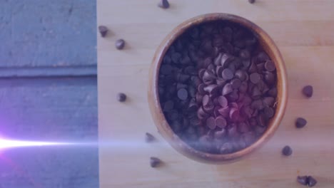 animación de la luz sobre las papas fritas de chocolate en el tazón