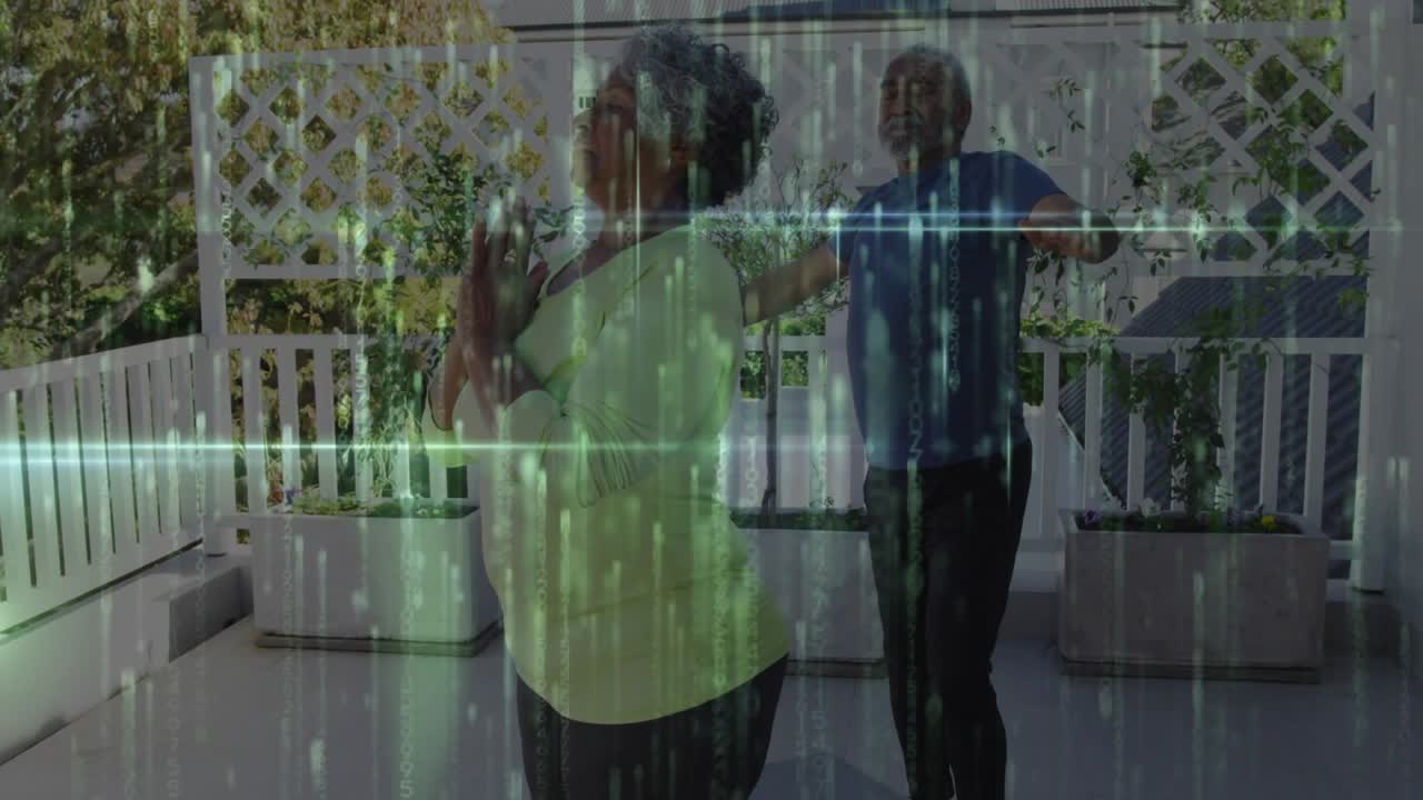 Following guided cue senior couple stretching on veranda with streak overlay for health