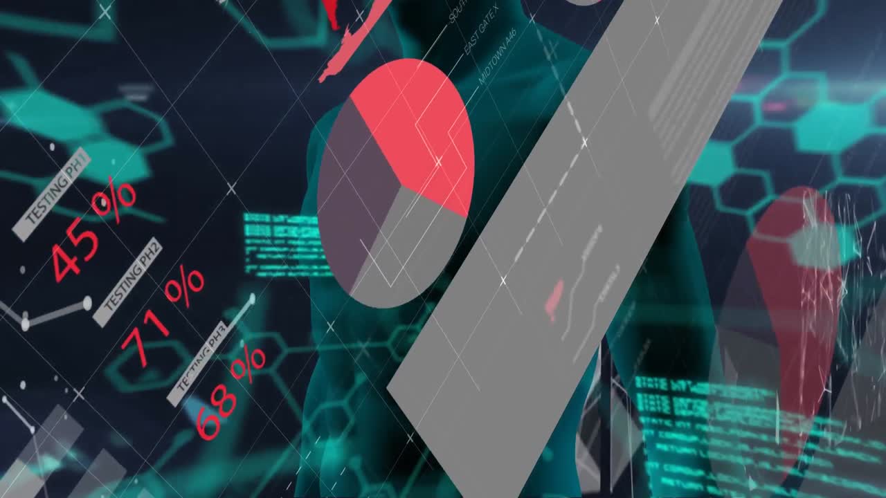 animación del procesamiento de datos sobre humano digital en fondo negro.