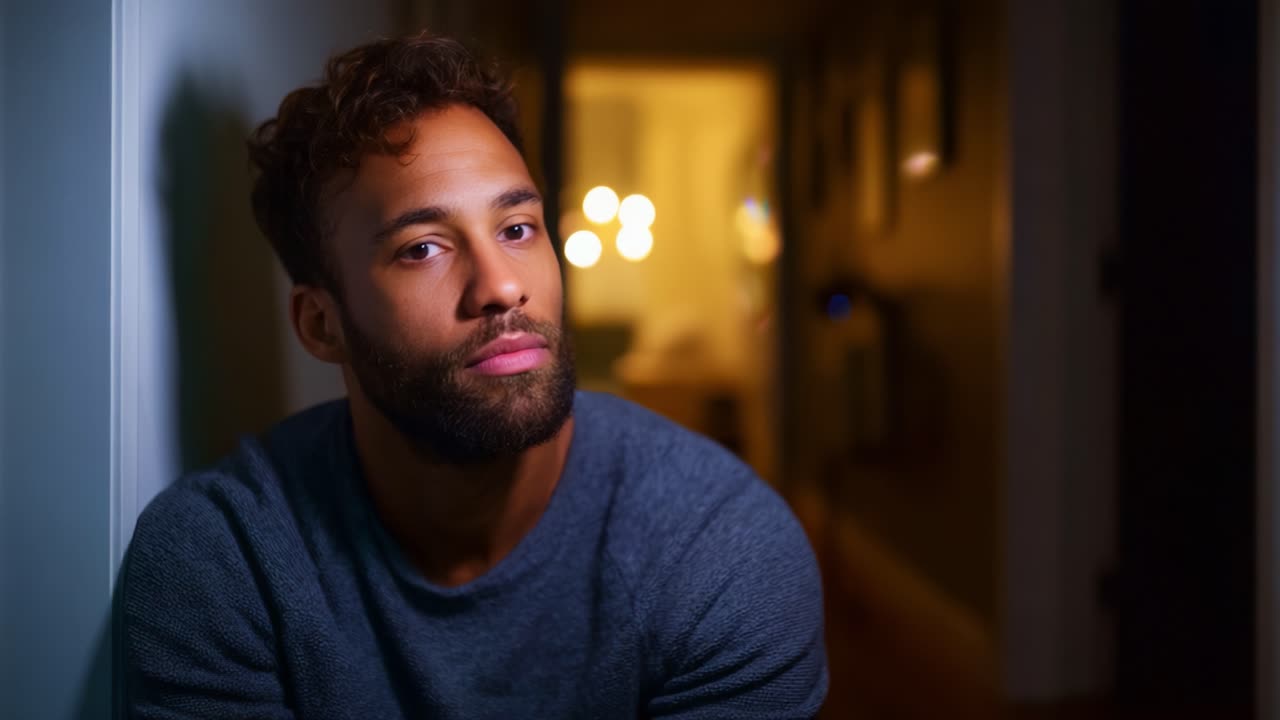 A contemplative man gazes intently in a softly lit hallway, capturing the essence of reflection and thoughtfulness in a serene, intimate atmosphere