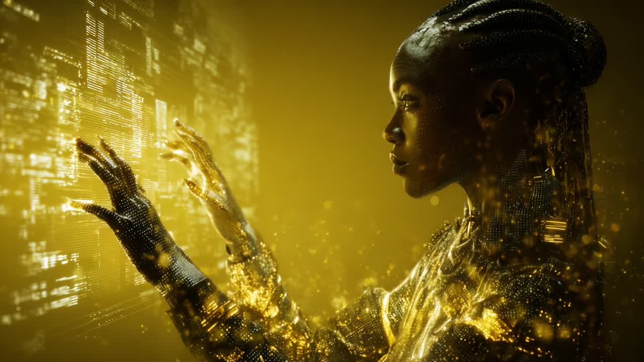 Esplorazione futuristica di tecnologia e umanità: il viaggio di una giovane donna con un'interfaccia digitale, che incarna la fusione di mondi organici e digitali in un bagliore dorato