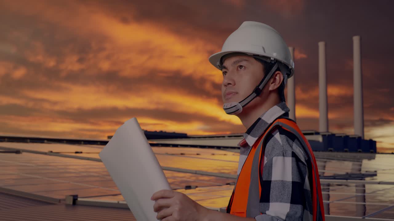 Side View of Asian Male Engineer Looking At Blueprint In His Hands While Walking and Inspecting Solar Panels on Rooftop at Sunset