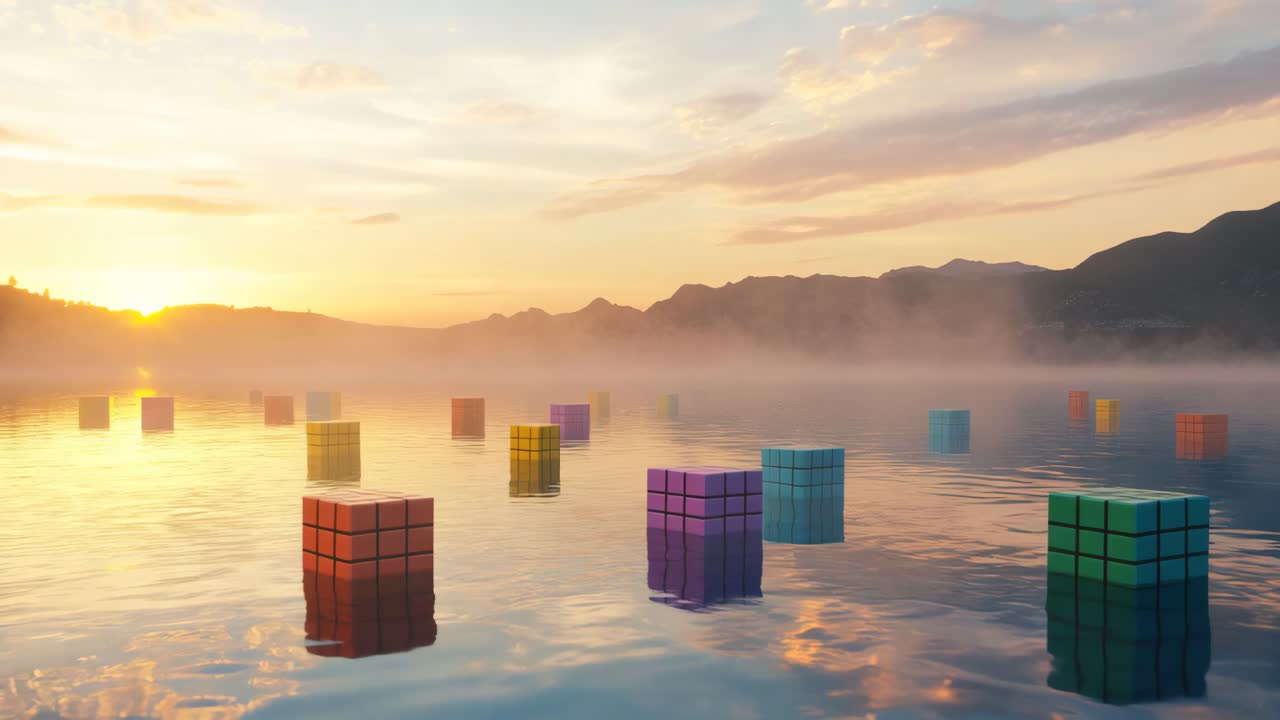 Colorful Boxes Floating on a Calm Lake at Sunrise