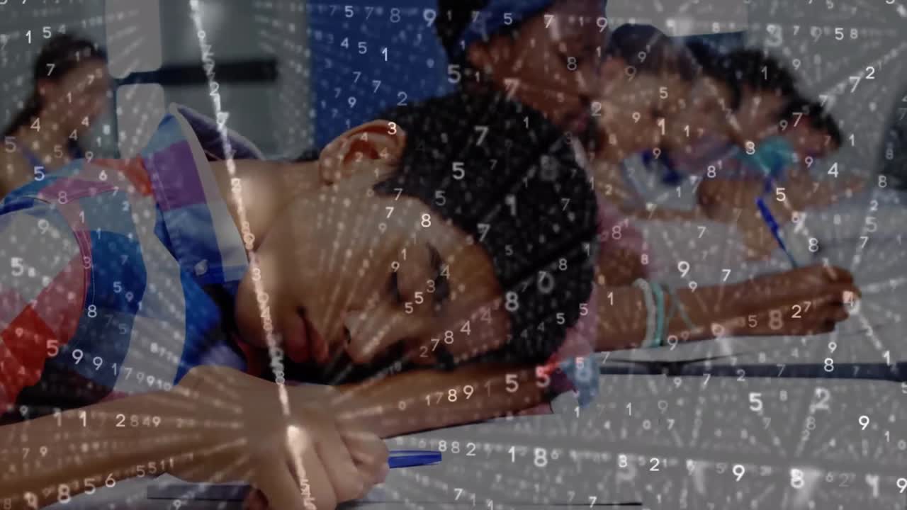 animación de la red de conexiones y números que cambian sobre un escolar durmiendo en clase