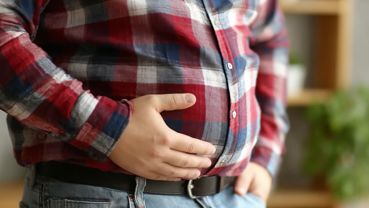チェック柄のシャツを着た人がお腹を押さえ、不快感や満腹感を表現しており、消化器系の問題と健康維持の重要性を示唆している