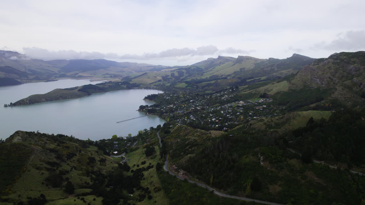 Establishing drone shot of the Governors bay town in Canterbury, New Zealand