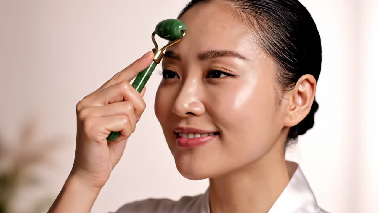 Asian woman using jade roller for facial massage