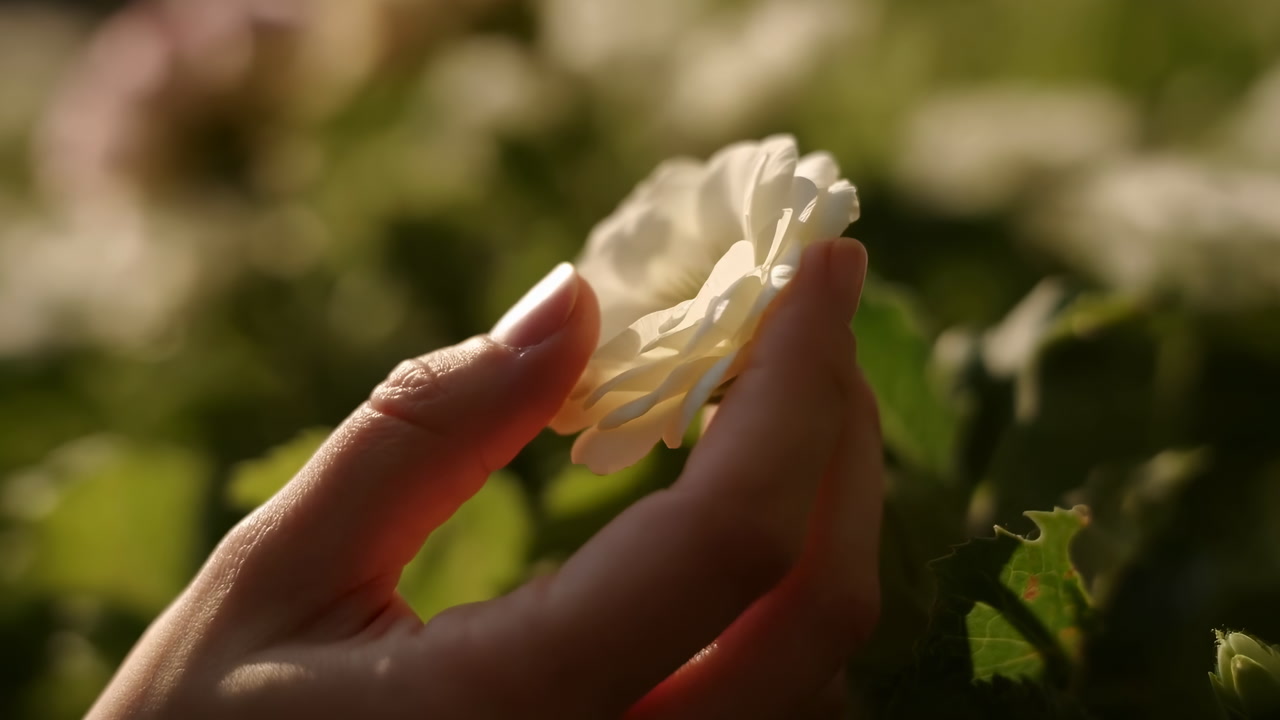 A Hand Gently Touching a Delicate White Flower in Sunlight