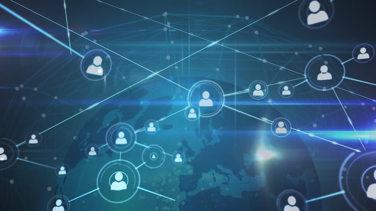 animación de iconos de personas conectadas sobre un globo giratorio