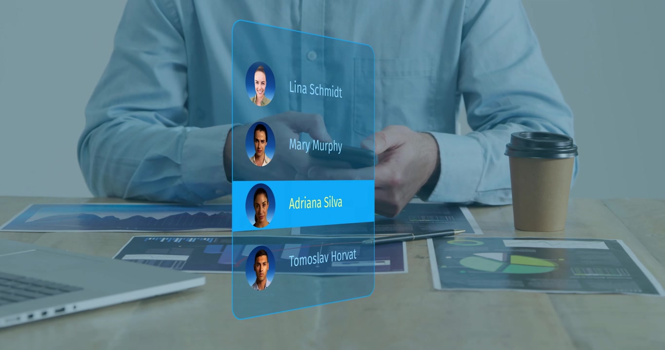 Businessman Using Futuristic Holographic Interface for Contact Management
