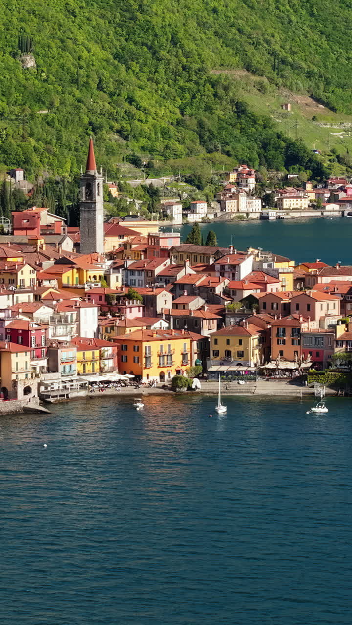 Aerial drone view of Varenna village near Lake Como, Italy. Vertical