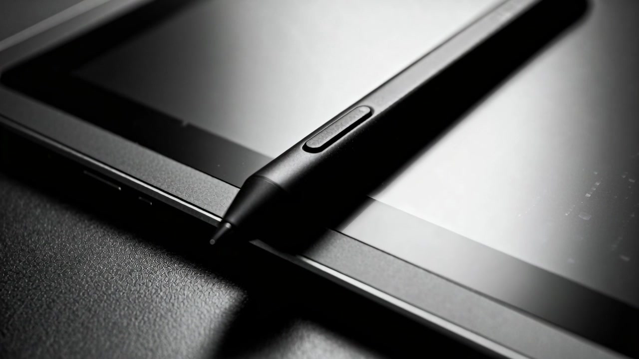 Odložený stylus s hrotem s bočním tlačítkem na skle tabletu ve studiu, kamera se přibližuje a ukazuje detaily.