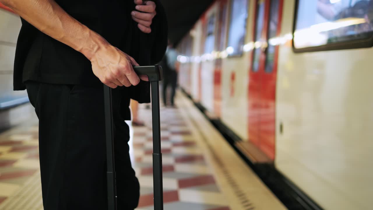 Tourist man with suitcase baggage in spain, A traveler with luggage suit jacket on business street go to a hotel, business office, airport terminal, enjoying the vibrant atmosphere