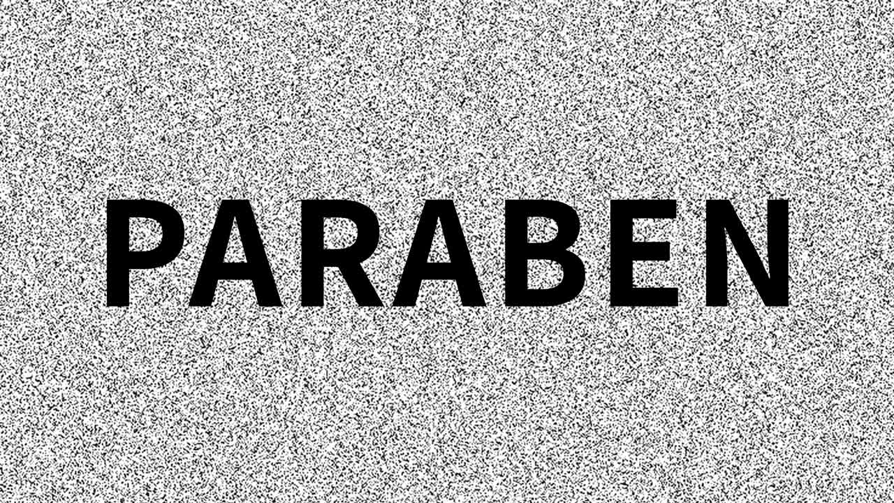 Paraben. Word about problem on noisy old screen. Looping VHS interference. Vintage animated background, video footage