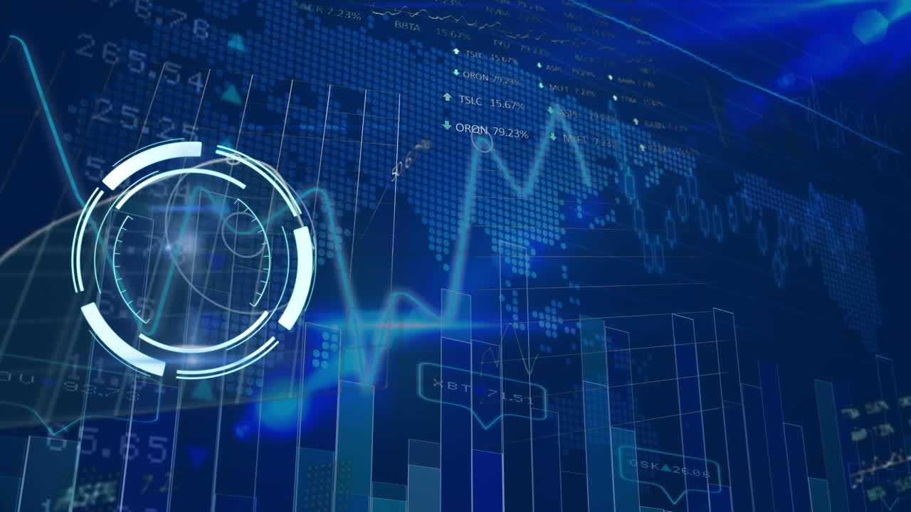 animación de escaneo de alcance y procesamiento de datos sobre el mercado de valores y el mapa del mundo.