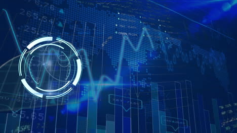 animación de escaneo de alcance y procesamiento de datos sobre el mercado de valores y el mapa del mundo.