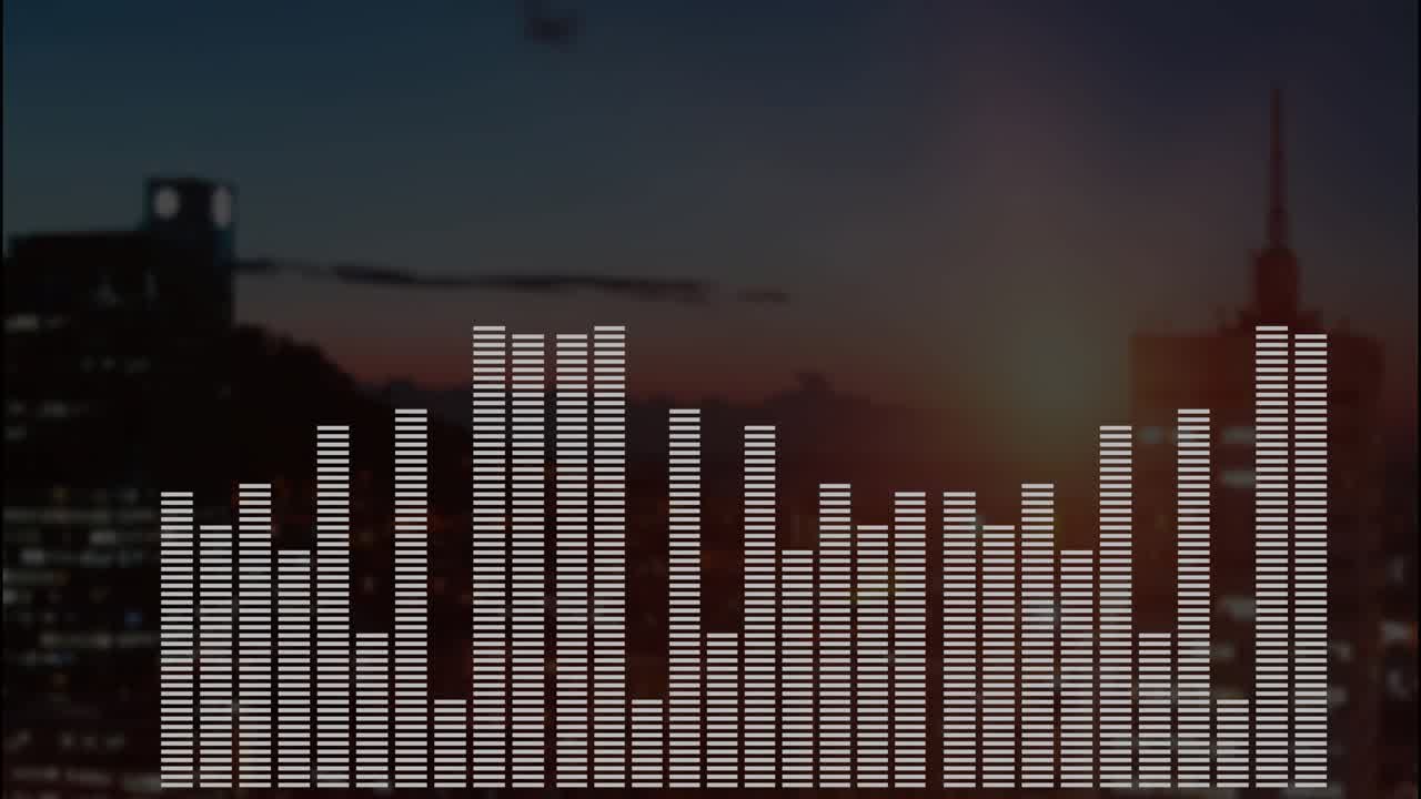 White audio equalizer bars gliding over dusk city skyline, with glowing sun disk in flat design