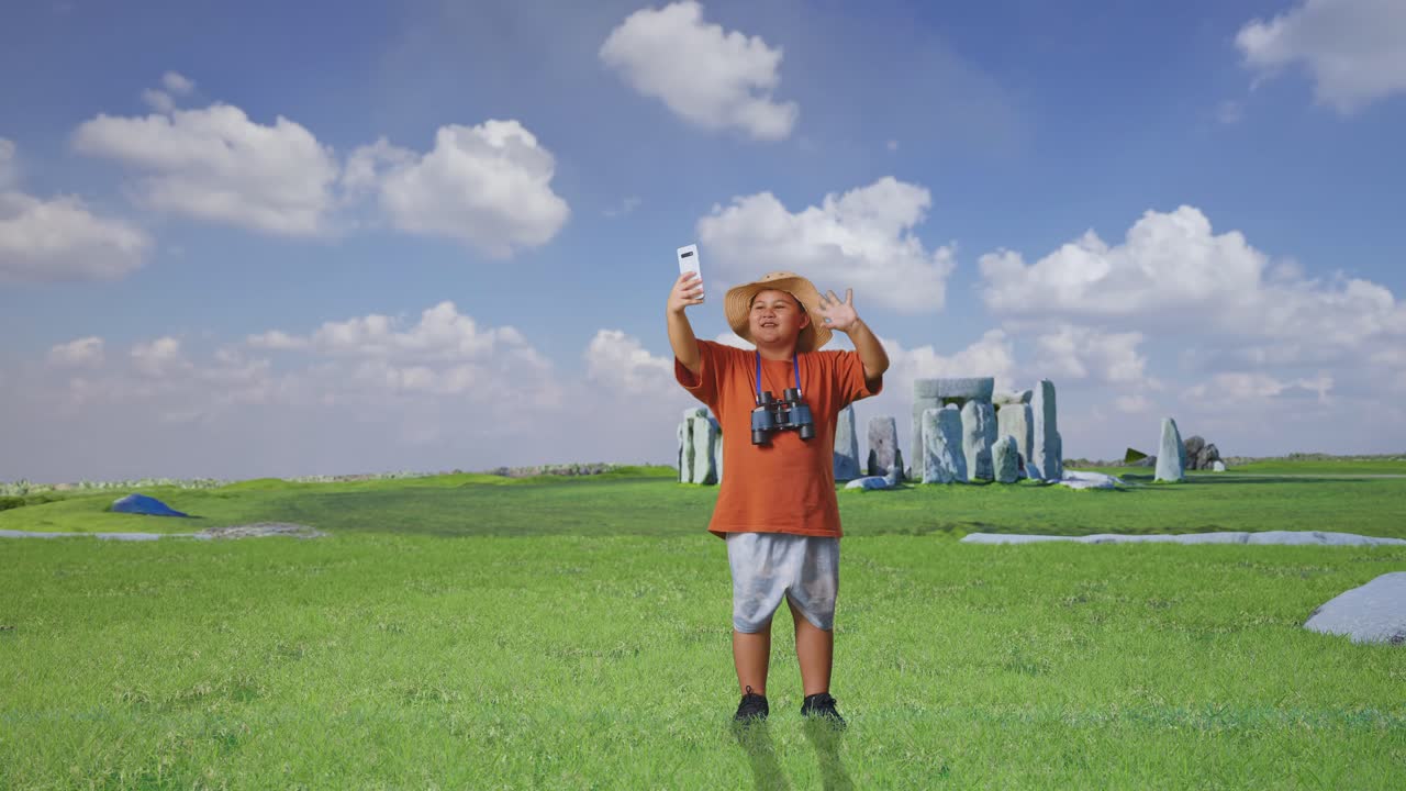Asian Boy With A Hat And Binoculars Waving Hand Having Video Call On Smartphone While Traveling In Stonehenge. Boy Researcher Examines Something, Travel Adventure, Full Body