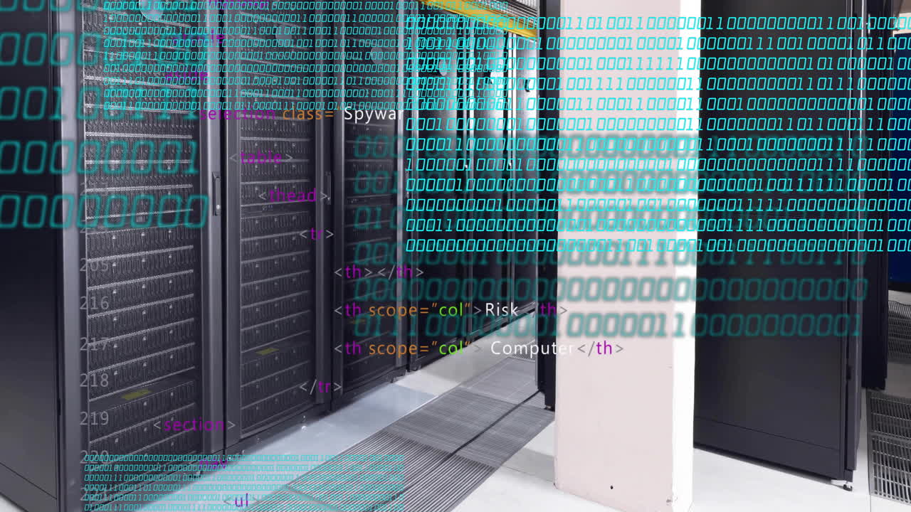 Binary code and HTML tags over server racks in data center, highlighting internet security