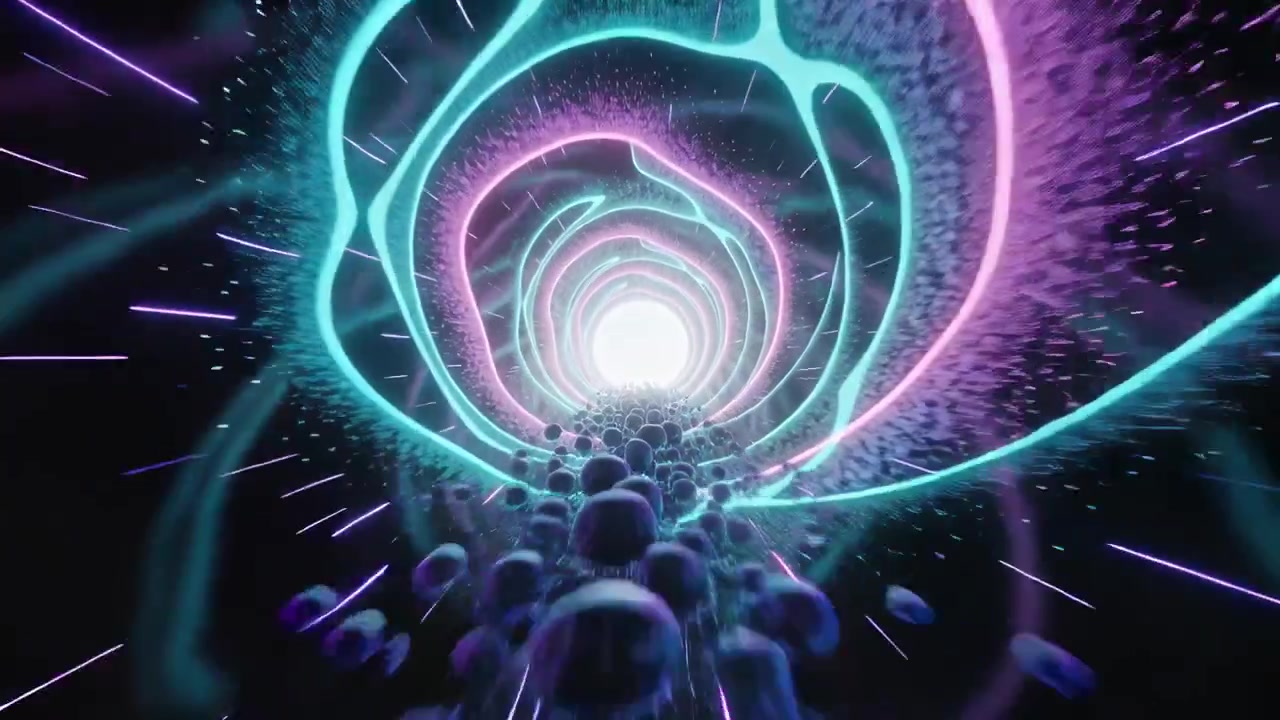 Telecamera che avanza attraverso un tunnel rivestito di nastri al neon verso un portale luminoso, con sfere opache che rotolano.
