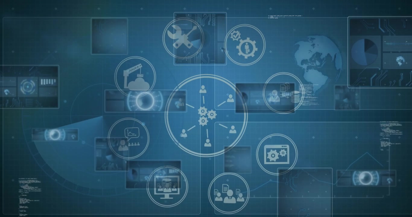 Animation of network of connections with icons and globe on blue background