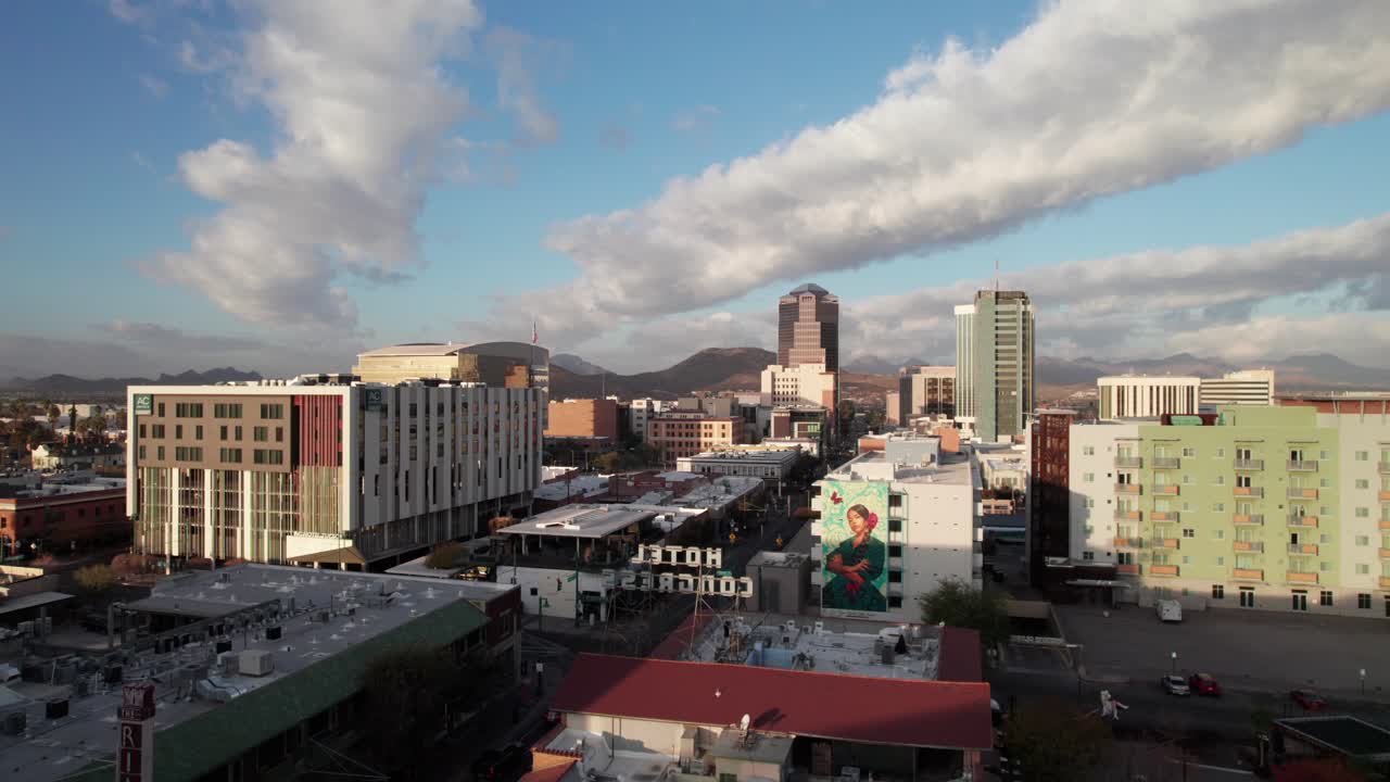 Historic downtown Tucson, AZ, with Hotel Congress in foreground, 4K