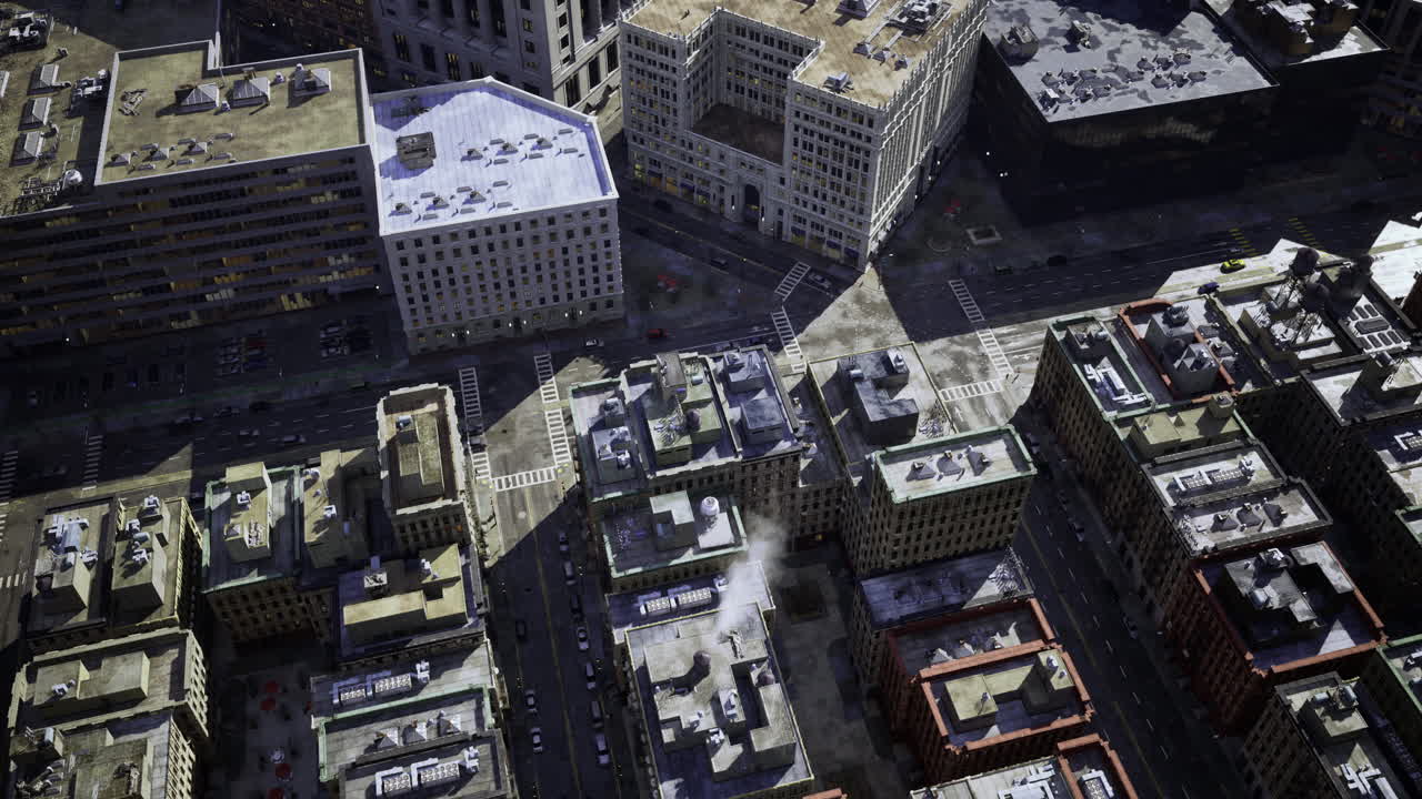 Urban landscape viewed from above highlighting streets and buildings
