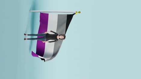 Woman-standing-and-waving-in-front-of-the-Asexual-flag-in-a-blue-background-animation-video-4K