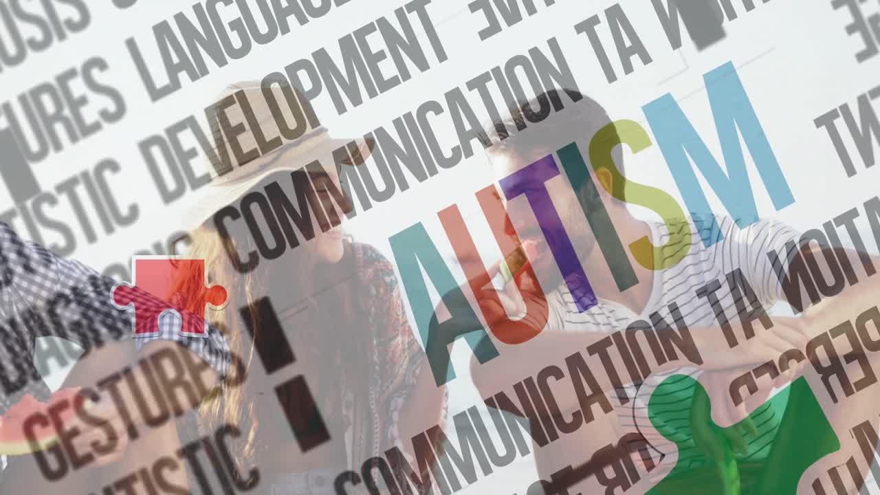 animación de coloridas piezas de rompecabezas y texto de autismo sobre amigos felices en una fiesta de playa de verano