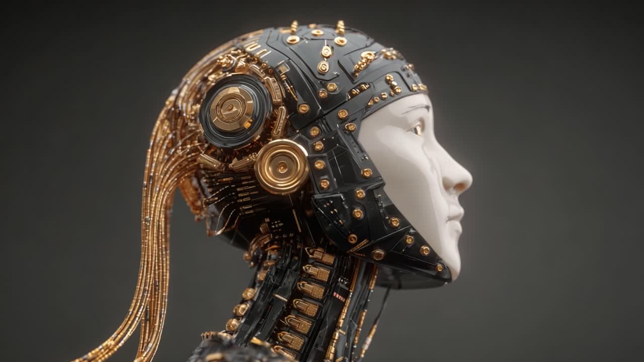 A Stunning Profile View of a Futuristic Robotic Head Designed with Intricate Gold and Silver Details, Showcasing Advanced Technology and Artistry