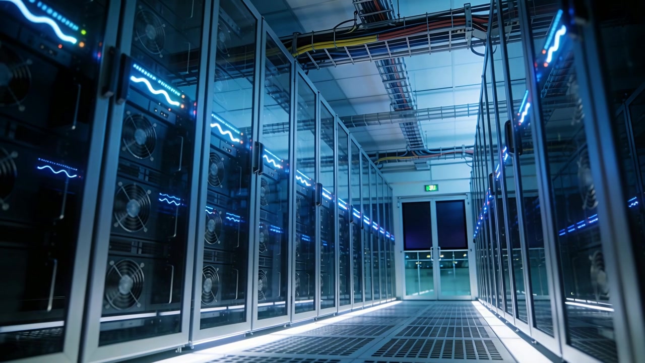 Tracking camera pushing forward down central server aisle at data center, showing pulsing blue LEDs