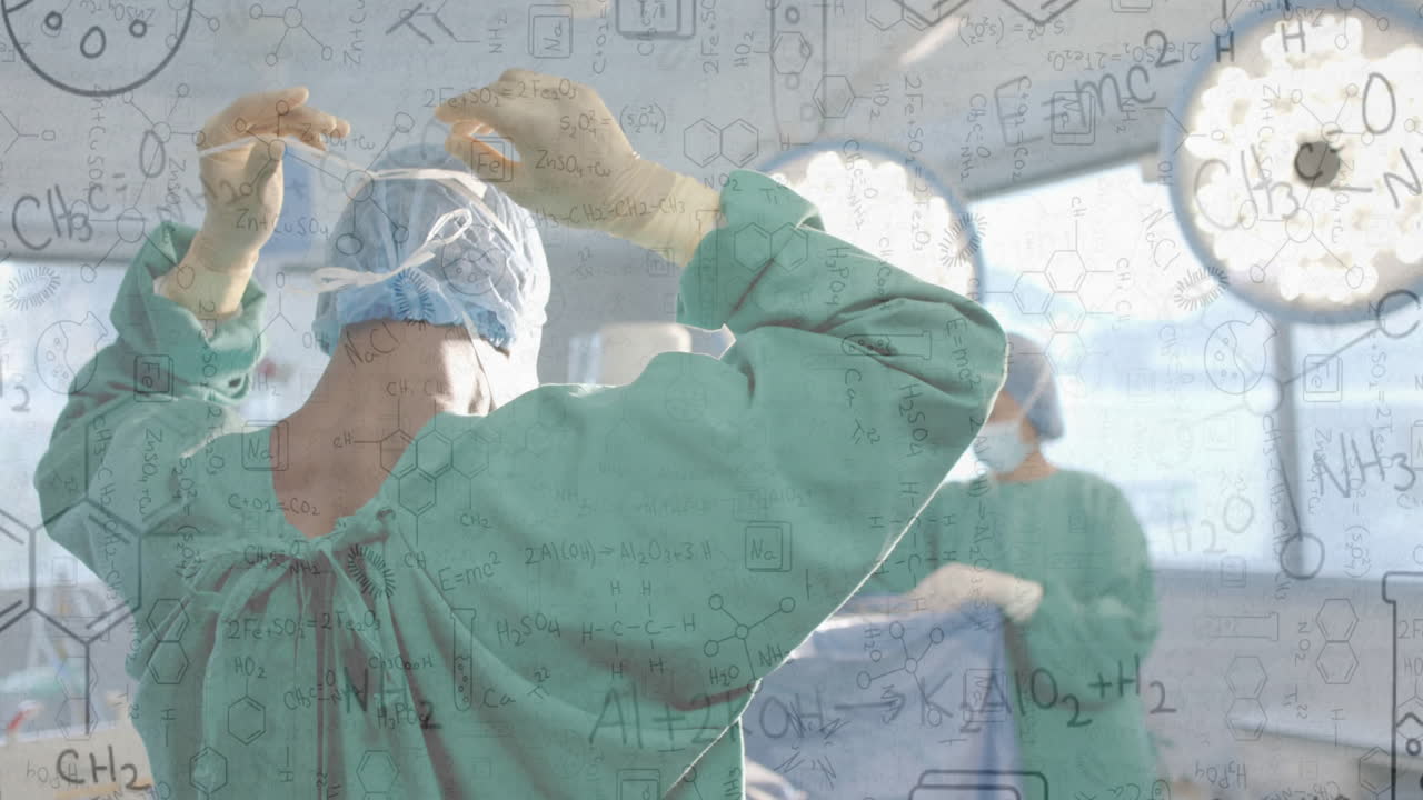 Animation of chemical equations over diverse surgeons wearing face masks in operating room