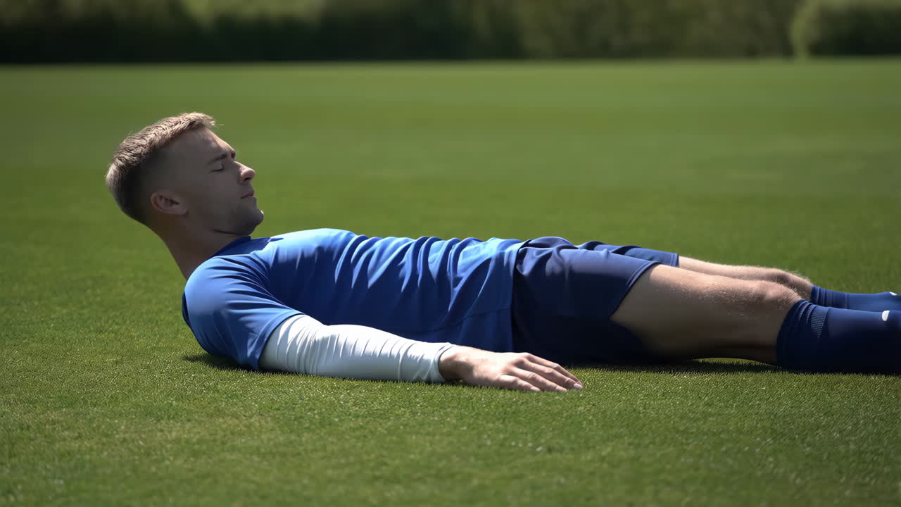 A soccer player resting on a green grass field