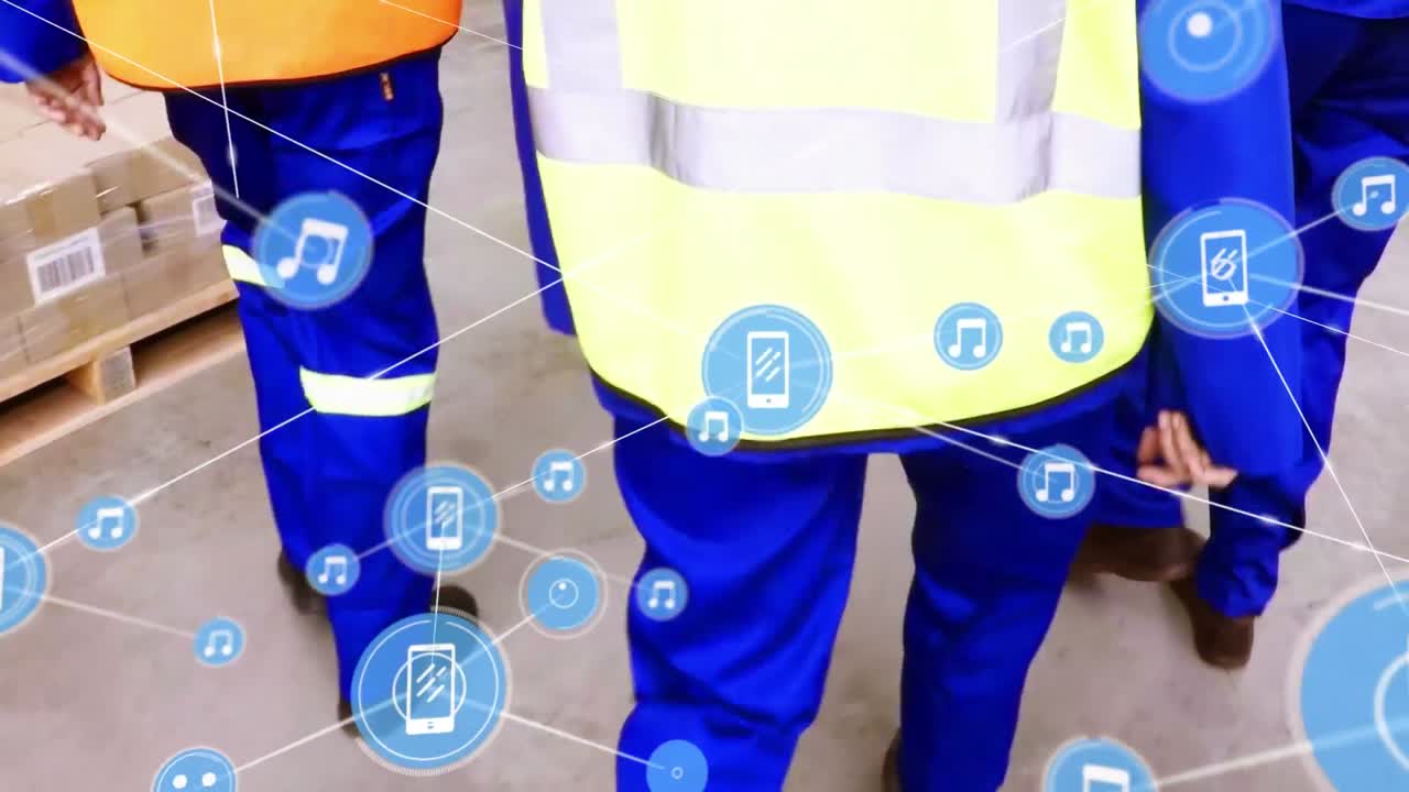 창고에서 일하는 아이콘과 다양한 사람들과의 연결 네트워크의 애니메이션