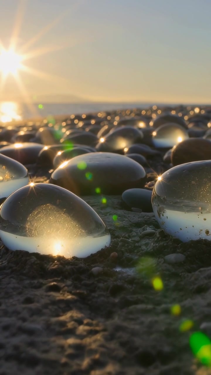 Video verticale: Telecamera che si inclina mostrando perline trasparenti che rifrangono il tramonto su una costa rocciosa, con un bagliore verde.