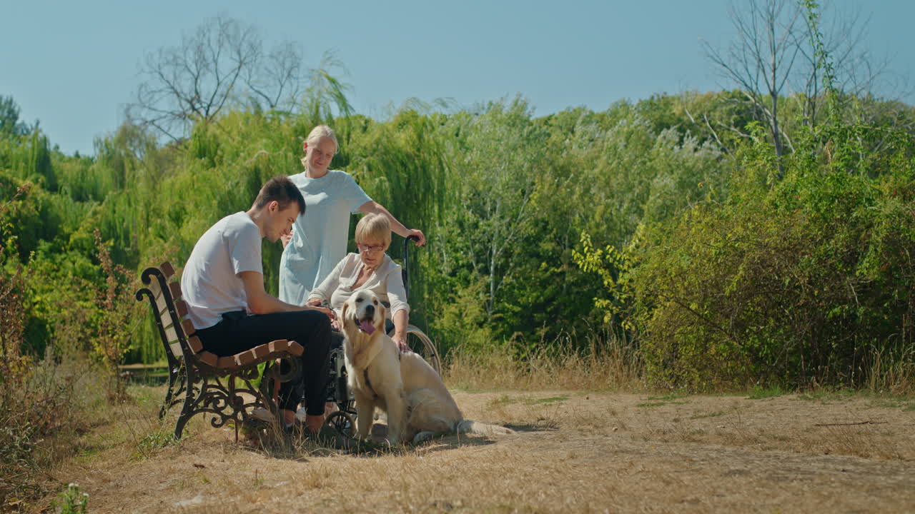 개 와 함께 공원 에서 하루 를 즐기는 가족