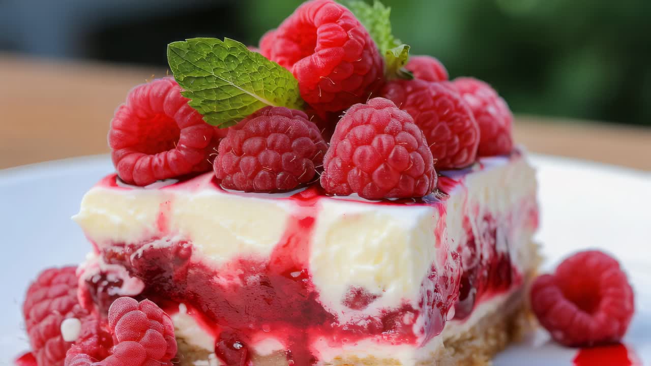 Raspberry cheesecake dessert slice topped with fresh raspberries, mint, and a generous raspberry coulis, creating a vibrant and tempting treat