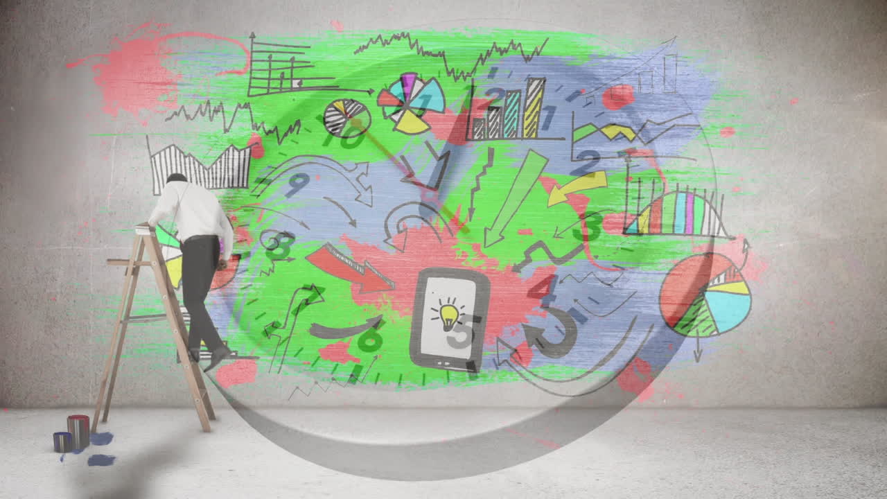 계단 과 시계 에 있는 사업가 와 함께 통계 와 아이콘 의 애니메이션