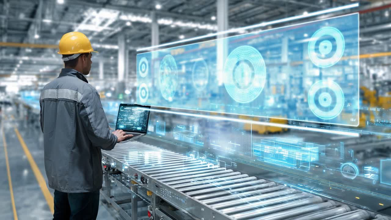 A Worker Monitors Intelligent Manufacturing Processes with a Laptop in a Modern Industrial Warehouse, Showcasing Advanced Technology and Efficient Operations