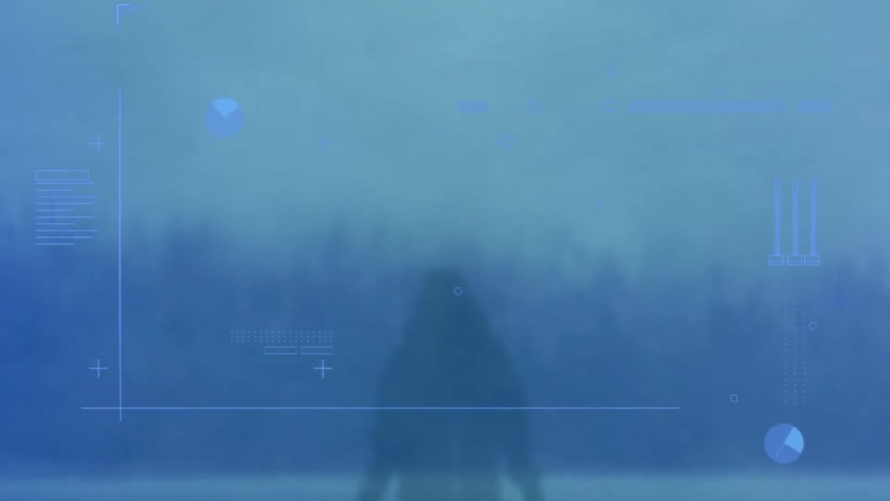 도시 풍경과 맞물려 서 있는 사람의 뒤쪽 시야에서 데이터 처리 인터페이스의 애니메이션