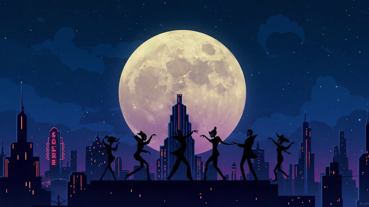 A Vibrant Night Cityscape: Silhouetted Dancers Against a Luminous Moon and Urban Skyline, Capturing the Essence of Nightlife and Celebration