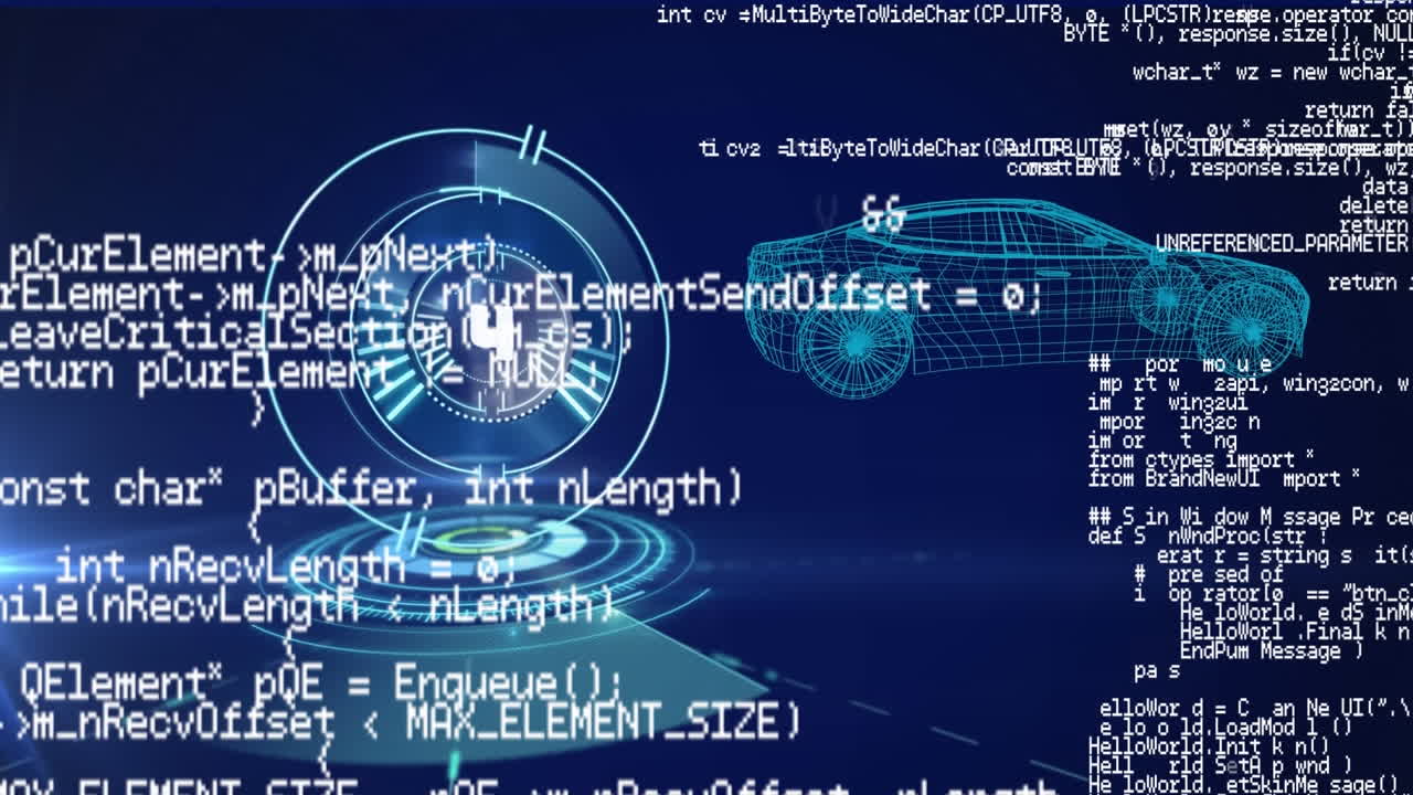 Animation of data processing and count down over round scanner and 3d car model on blue background