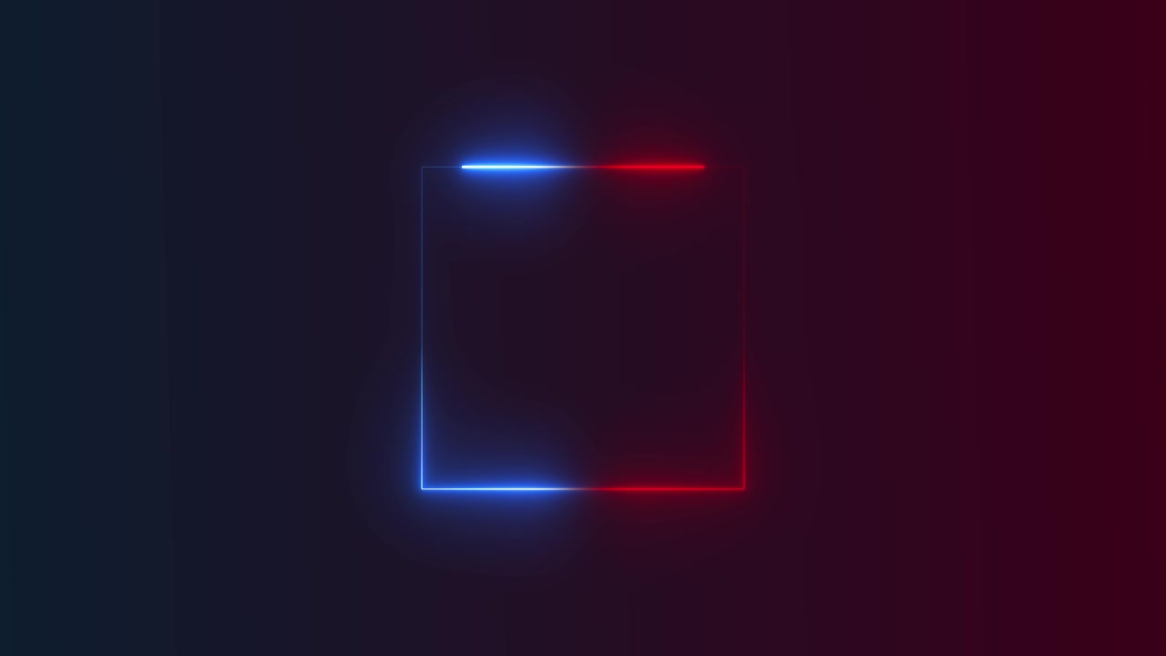 Fondo futurista oscuro con un marco cuadrado de neón azul y rojo brillante y reflejos de luz suaves.
