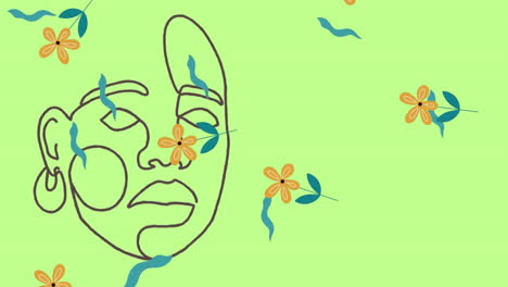 animación de dibujos de rostros y flores sobre un fondo verde