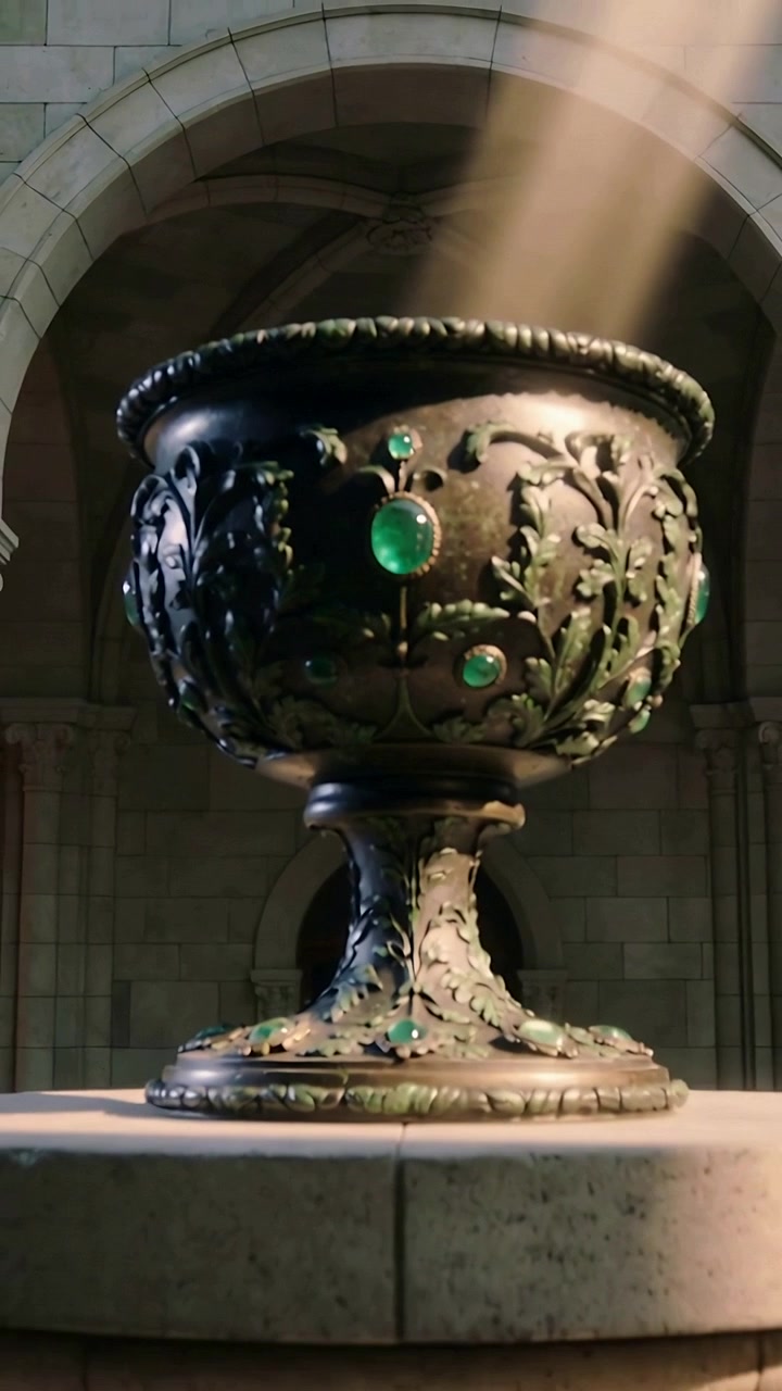 Video verticale: Luce radente che rivela un calice ornato su un piedistallo in una cripta, illuminando la gemma verde principale.